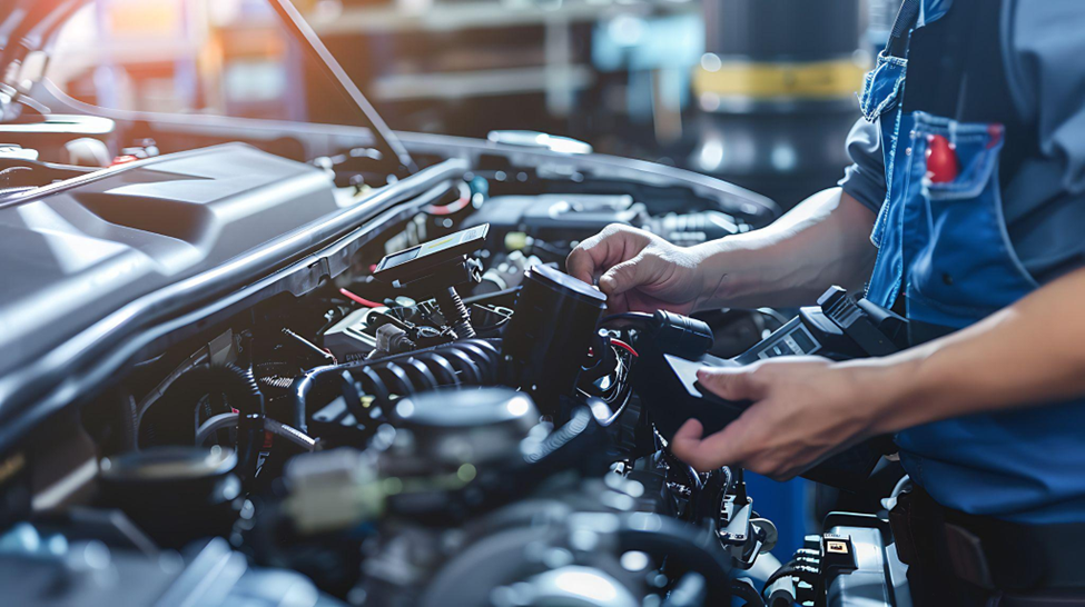 A technician performs a diesel engine diagnostic using electronic tools to identify performance issues and ensure accurate repairs.